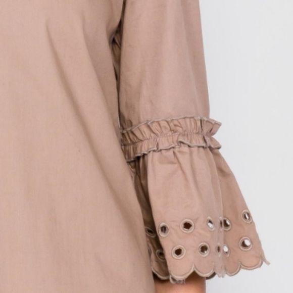 Hidden Alley Taupe 3/4 Sleeve Eyelet Shift Dress - Picture 3 of 10